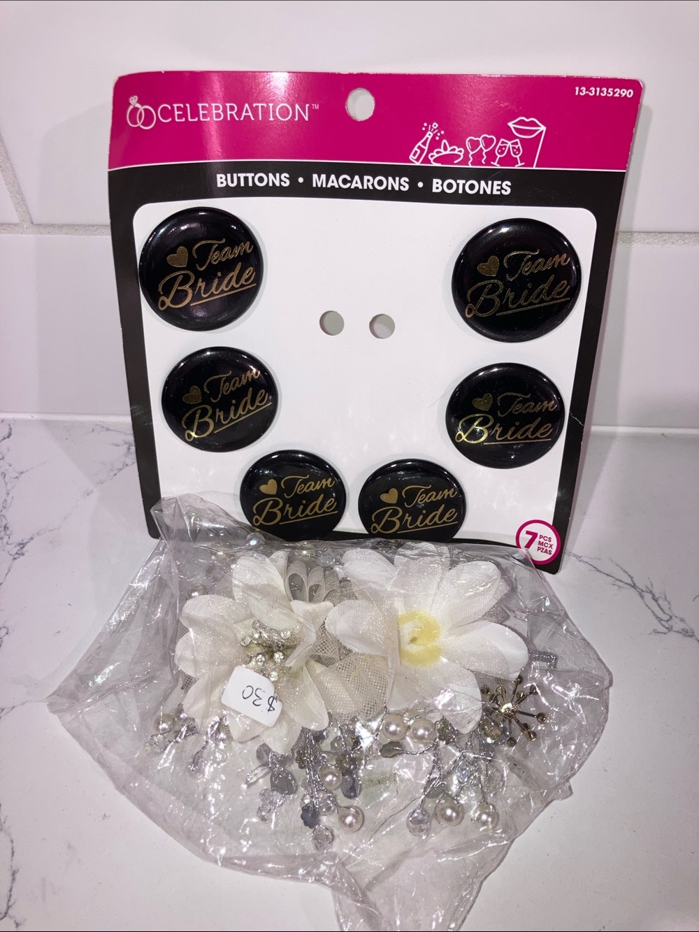 (FREE W/ BUNDLE) Team Bride Black Pinback Buttons & Flower Corsage
